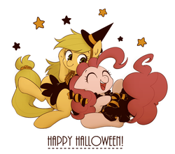 Size: 1116x988 | Tagged: safe, artist:うめぐる, applejack, pinkie pie, g4, clothes, costume, eyes closed, halloween, happy, happy halloween, hat, laughing, on back, open mouth, smiling, witch hat