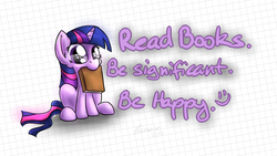 Size: 1654x933 | Tagged: safe, artist:premann, twilight sparkle, pony, unicorn, g4, advice, bibliovore, book, cute, female, happy, heartwarming, looking at you, mouth hold, nom, sitting, smiling, solo, twiabetes, unicorn twilight