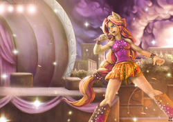 Size: 3500x2474 | Tagged: safe, artist:mrs1989, sunset shimmer, equestria girls, g4, my little pony equestria girls: rainbow rocks, clothes, female, high res, lens flare, microphone, ponied up, sleeveless, solo, welcome to the show