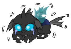 Size: 368x258 | Tagged: safe, artist:night-chimeras-cry, changeling, angry, crying, floppy ears, frown, looking at you, prone, scared, shivering, simple background, transparent background