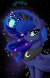 Size: 1800x2800 | Tagged: safe, artist:mystic-l1ght, artist:novabytes, princess luna, g4, bioluminescent, chest fluff, collaboration, ear fluff, female, horn, horn jewelry, jewelry, smiling, solo