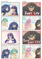 Size: 1480x2071 | Tagged: safe, artist:howxu, fluttershy, king sombra, princess cadance, princess celestia, princess luna, twilight sparkle, human, series:my little kindergarten, g4, 4koma, blushing, clothes, comic, cute, dress, engrish, humanized, maid, shyabetes, twiabetes