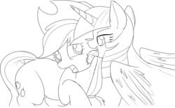 Size: 1280x796 | Tagged: safe, artist:mcsadat, applejack, twilight sparkle, alicorn, earth pony, pony, g4, drool, female, lesbian, licking, mare, monochrome, ship:twijack, shipping, stranger danger, twilight sparkle (alicorn)