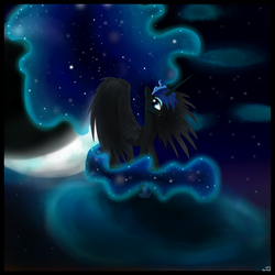 Size: 1340x1340 | Tagged: safe, artist:goforgold, nightmare moon, princess luna, g4, cloud, cloudy, ethereal mane, female, moon, night, solo, stars