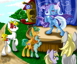 Size: 1800x1500 | Tagged: safe, artist:pinktabico, derpy hooves, dinky hooves, snails, snips, trixie, oc, oc:conell, pegasus, pony, g4, butt, female, magic, mare, plot, rearing, smiling, stage, trixie's fans, wink