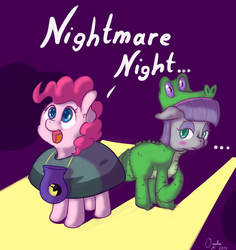 Size: 1700x1800 | Tagged: safe, artist:osakaoji, boulder (g4), gummy, maud pie, pinkie pie, earth pony, pony, g4, ..., blushing, clothes, colored pupils, costume, cute, dialogue, diapinkes, maudabetes, nightmare night, open mouth, rock