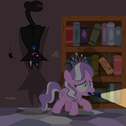 Size: 1635x1635 | Tagged: safe, artist:magerblutooth, diamond tiara, oc, oc:dazzle, cat, pony, g4, bookshelf, female, filly, flashlight (object), foal, frightened, spider web