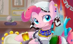 Size: 512x308 | Tagged: safe, artist:miki 14, pinkie pie, earth pony, pony, friendship is witchcraft, g4, cute, diapinkes, female, gypsy pie, musical instrument, solo, tambourine