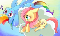 Size: 512x308 | Tagged: safe, artist:miki 14, fluttershy, rainbow dash, pegasus, pony, g4, cloud, duo, female, mare