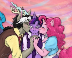 Size: 3282x2648 | Tagged: safe, artist:zabchan, discord, pinkie pie, twilight sparkle, human, g4, :o, bisexual, bisexual female, blushing, cheek kiss, discord gets all the mares, eared humanization, eyes closed, female, high res, horn, horned humanization, humanized, kiss sandwich, kissing, lesbian, lesbian in front of boys, male, ot3, pony coloring, ship:discolight, ship:discopie, ship:twinkie, shipping, straight, tailed humanization