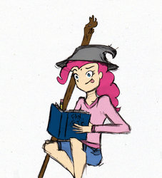 Size: 1024x1126 | Tagged: safe, artist:animatormon, pinkie pie, human, g4, book, female, hat, humanized, pencil, simple background, solo, staff, traditional art, white background, wizard hat