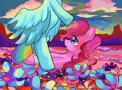 Size: 900x664 | Tagged: safe, artist:marihico, pinkie pie, rainbow dash, g4, female, lesbian, petals, ship:pinkiedash, shipping