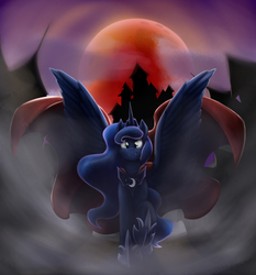 Size: 4232x4547 | Tagged: safe, artist:otakuap, princess luna, g4, absurd resolution, blood moon, cape, clothes, cute, cute little fangs, fangs, female, fog, looking at you, mist, moon, raised hoof, solo, spread wings