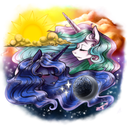 Size: 2000x2000 | Tagged: safe, artist:skyrore1999, princess celestia, princess luna, g4, eyes closed, high res, moon, sun