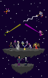 Size: 2652x4287 | Tagged: safe, artist:jewelsfriend, trixie, twilight sparkle, oc, draconequus, genie, griffon, pony, g4, bipedal, booster gold, brain, brainiac, brainy twilight, crossover, darkseid, fedora, general zod, hat, lex luthor, lobo, mr. mxyzptlk, parody, snowflame, space dandy, star sapphire, stargirl, werelight shine, yahtzee, yellow lantern, zatanna