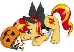 Size: 2841x1999 | Tagged: safe, artist:lyx-d, sunset shimmer, pony, unicorn, g4, candy, clothes, costume, female, jack-o-lantern, nightmare night costume, pumpkin bucket, simple background, solo, transparent background