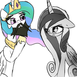 Size: 1000x1000 | Tagged: safe, artist:sugarberry, princess cadance, princess celestia, g4, beard, discorded, duo, wang fire