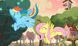 Size: 1722x1026 | Tagged: safe, artist:asika-aida, fluttershy, rainbow dash, pegasus, pony, g4, ^^, clubhouse, crusaders clubhouse, duo, duo female, eyes closed, female, flying, mare, smiling, tree