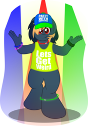 Size: 5446x7724 | Tagged: safe, artist:gray-gold, oc, oc only, oc:crunchy, anthro, absurd resolution, anthro oc, bipedal, clothes, fat fingers, glowstick, hat, male, neon, rave, shirt, solo, stallion, vector