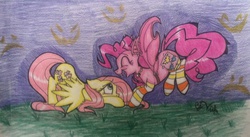 Size: 1688x924 | Tagged: safe, artist:ravenbird14, fluttershy, pinkie pie, bat pony, pony, g4, clothes, costume, floppy ears, nightmare night, nightmare night costume, traditional art, vampire fruit bat pony