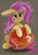 Size: 650x934 | Tagged: safe, artist:maytee, fluttershy, bat pony, pony, g4, apple, bat ponified, chibi, female, floppy ears, flutterbat, mare, race swap, red eyes, sitting, snaggletooth, solo, traditional art