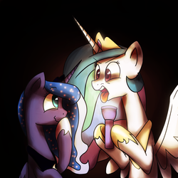 Size: 1200x1200 | Tagged: safe, artist:anticular, princess celestia, princess luna, alicorn, pony, ask sunshine and moonbeams, g4, duo, duo female, faic, female, flashlight (object), laughing, making faces with a flashlight, mare, open mouth, peytral, tongue out, wavy mouth