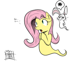 Size: 1337x1059 | Tagged: safe, artist:thethunderpony, angel bunny, fluttershy, ghost, ghost pony, g4, flutterghost