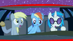 Size: 700x394 | Tagged: safe, artist:toxicalien2014, derpy hooves, dj pon-3, rainbow dash, vinyl scratch, pegasus, pony, g4, animated, car, cd, driving, female, flash, headbob, mare, muffin, night at the roxbury, parody, parody of a parody, scrunchy face, snow, snowfall, what is love