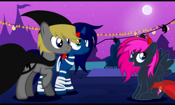 Size: 1024x614 | Tagged: safe, artist:noah-x3, oc, oc only, oc:neon flare, oc:noah, oc:serene, clothes, costume, group, nightmare night, nightmare night costume, norene, show accurate