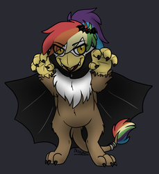 Size: 700x763 | Tagged: safe, artist:breezepleeze, oc, oc only, oc:rainbow feather, griffon, hybrid, vampire, cape, claws, clothes, costume, fangs, interspecies offspring, magical lesbian spawn, nightmare night, offspring, parent:gilda, parent:rainbow dash, parents:gildash, simple background