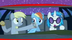 Size: 699x393 | Tagged: safe, artist:toxicalien2014, derpy hooves, dj pon-3, rainbow dash, vinyl scratch, pegasus, pony, g4, car, female, halloween, mare, muffin, night at the roxbury, scrunchy face, what is love