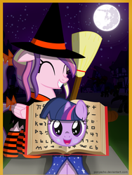 Size: 900x1200 | Tagged: safe, artist:ponyecho, princess cadance, twilight sparkle, g4, book, bookhorse, clothes, costume, cute, cutedance, filly, filly twilight sparkle, nightmare night, show accurate, spellbook, that pony sure does love books, trick or treat, twiabetes, witch, younger