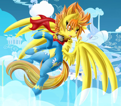 Size: 1232x1079 | Tagged: safe, artist:knifeh, spitfire, g4, clothes, female, flying, goggles, scarf, solo, wonderbolts uniform