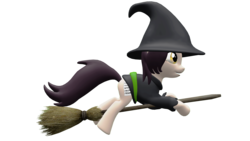 Size: 4000x2250 | Tagged: safe, artist:mollythemoopy, oc, oc only, oc:molly the moopy, 3d, 3d render, broom, flying, flying broomstick, hat, open mouth, simple background, solo, source filmmaker, transparent background, witch, witch hat, yellow eyes