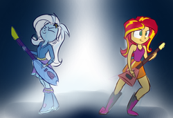 Size: 950x650 | Tagged: safe, artist:heir-of-rick, sunset shimmer, trixie, equestria girls, g4, my little pony equestria girls: rainbow rocks, clothes, guitar, sleeveless, tank top