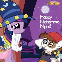 Size: 550x550 | Tagged: safe, edit, edited screencap, screencap, pipsqueak, twilight sparkle, earth pony, pony, unicorn, g4, luna eclipsed, official, candy, clothes, colt, costume, cropped, discovery family, discovery family logo, female, male, mare, moon, night, nightmare night, nightmare night costume, pirate costume, salute, star swirl the bearded costume, text, unicorn twilight