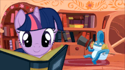 Size: 640x360 | Tagged: safe, artist:zeural, twilight sparkle, mudkip, g4, animated, book, cane, dancing, female, golden oaks library, hat, hello my baby, let's dance in the background, michigan j. frog, pokémon, top hat