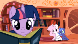 Size: 640x360 | Tagged: safe, artist:zev, princess celestia, princess luna, twilight sparkle, alicorn, pony, unicorn, g4, animated, book, cewestia, cute, cutelestia, female, filly, golden oaks library, let's dance in the background, looking at you, lunabetes, mare, sitting, smiling, they're watching you, weapons-grade cute, woona