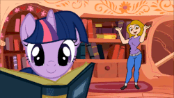 Size: 640x360 | Tagged: safe, artist:duo cartoonist, twilight sparkle, human, g4, animated, book, dancing, female, golden oaks library, large butt, let's dance in the background, tara strong, voice actor