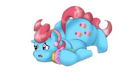 Size: 1551x991 | Tagged: safe, artist:mad'n evil, cup cake, earth pony, pony, g4, butt, cake, chubby, cupcake, fat, female, impossibly large butt, mare, plot, solo, thick cup cake, tight clothing, tripped
