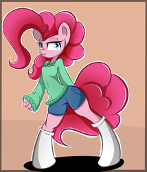 Size: 1200x1400 | Tagged: safe, artist:madacon, pinkie pie, earth pony, anthro, unguligrade anthro, g4, clothes, female, shorts, simple background, socks, solo, sweater