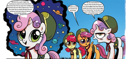 Size: 1226x574 | Tagged: safe, edit, idw, apple bloom, scootaloo, sweetie belle, g4, spoiler:comic, spoiler:comic24, cropped, cute, cutie mark crusaders, dictionary belle, filly guides, frown, meme, open mouth, raised eyebrow, scout uniform, smarty belle, smiling, space, turn the other cheek, unamused