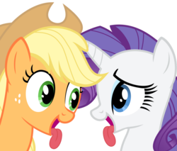 Size: 1000x850 | Tagged: safe, artist:magister39, applejack, rarity, earth pony, pony, unicorn, g4, behaving like a dog, eye contact, female, implied lesbian, implied licking, looking at each other, silly, silly pony, simple background, smiling, tongue out, transparent background, vector, who's a silly pony