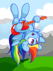 Size: 1708x2272 | Tagged: safe, artist:graphene, rainbow dash, g4, cute, dashabetes, electric guitar, female, flying, guitar, musical instrument, open mouth, smiling, solo, upside down