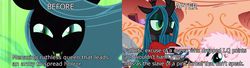 Size: 2048x553 | Tagged: safe, queen chrysalis, oc, oc:fluffle puff, g4, background pony strikes again, drama, image macro, meme, op is a duck, op is trying to start shit