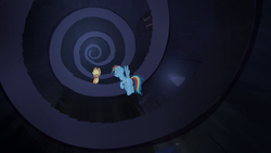 Size: 1024x576 | Tagged: safe, screencap, applejack, rainbow dash, castle mane-ia, g4, dark, flying, staircase