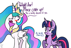 Size: 1758x1194 | Tagged: dead source, safe, artist:php92, princess celestia, twilight sparkle, alicorn, pony, g4, blushing, confused, dialogue, female, frown, implied nudity, jewelry, lewd, mare, nudity, open mouth, raised hoof, regalia, simple background, twilight sparkle (alicorn), we don't normally wear clothes, white background, wide eyes, worried