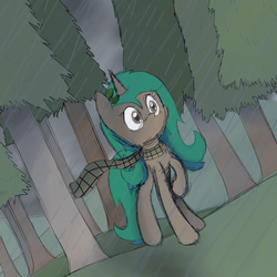 Size: 2000x2000 | Tagged: dead source, safe, artist:zacproductions, oc, oc only, oc:glimmering springs, clothes, dutch angle, high res, pine tree, plaid, rain, scarf, solo, tree, wind