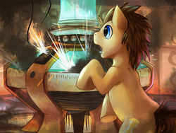 Size: 2000x1500 | Tagged: safe, artist:blitzdrachin, doctor whooves, time turner, series:hooves family reunion, g4, doctor who, male, smoke, solo, sparks, tardis