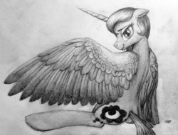 Size: 1000x758 | Tagged: safe, artist:selenophile, princess luna, alicorn, pony, g4, alternate hairstyle, butt, draw me like one of your french girls, female, grayscale, looking at you, mare, monochrome, pencil drawing, plot, reclining, solo, traditional art, wings